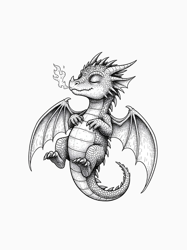 Sleepy Baby Dragon Breathing Tiny Fire | Cute Fantasy Dragon Creature by DragonSerpent Ink