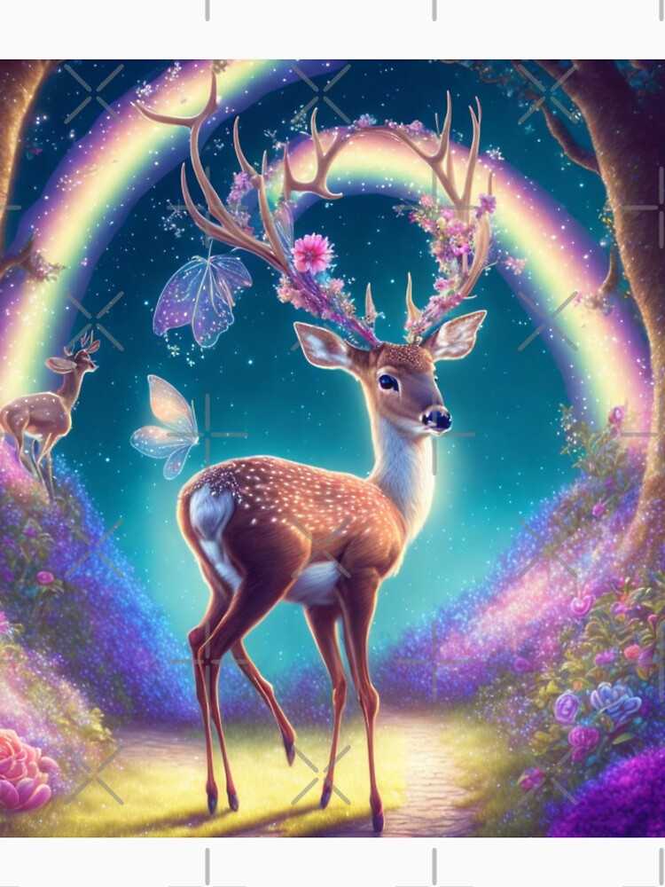 beautiful deer, woodland animal, rustic setting, rainbow, enchanted forest, magical deer, magical woods, fantasy land, dream deer by CapturedByeJ
