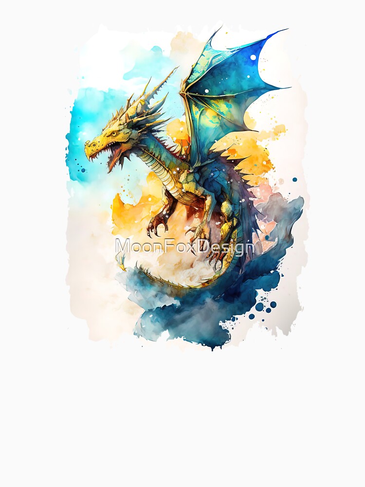 Watercolor Flying Dragon, Blue and Yelliw Colors, Cartoon Style by MoonFoxDesign