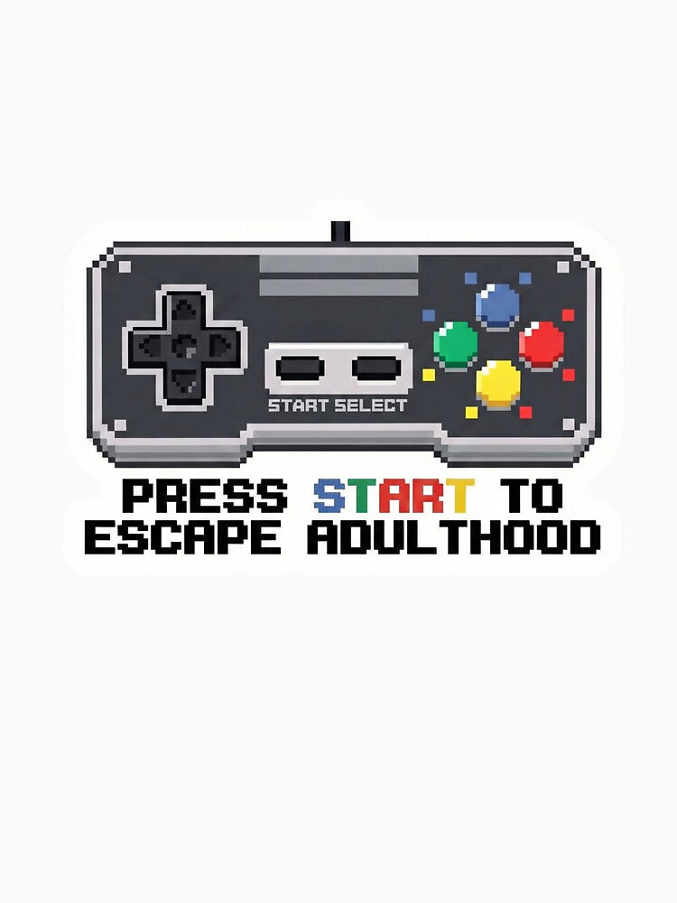 Retro Gamer Sticker - Press Start to Escape Adulthood by StickerGlitch