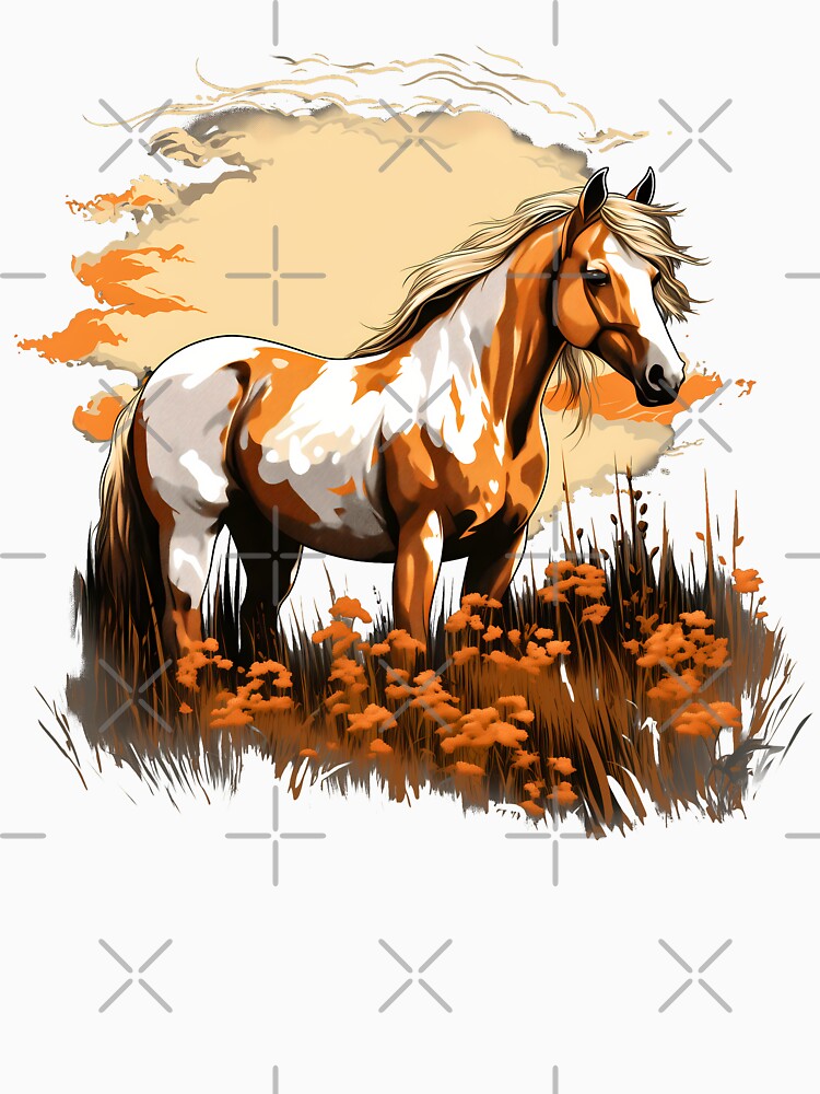 Beautiful brown and white arabian horse grazing on a country meadow illustration by NBSStore