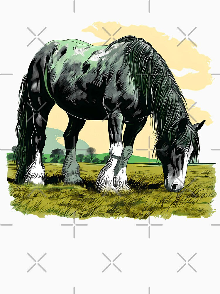 Beautiful black shire horse grazing on a country meadow illustration by NBSStore