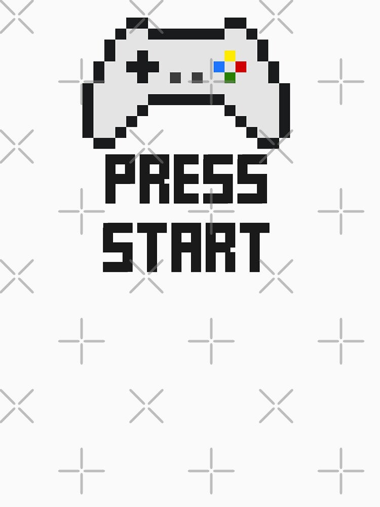 Retro Pixel Art Drawing of a Videogame Controller With Press Start Quote Black Color by RiciPaneto