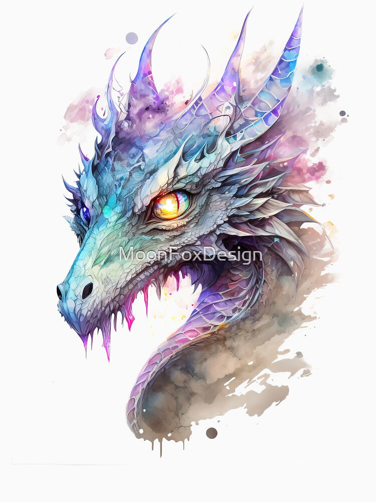Watercolor White Iridescent Dragon, Dragon Portrait by MoonFoxDesign