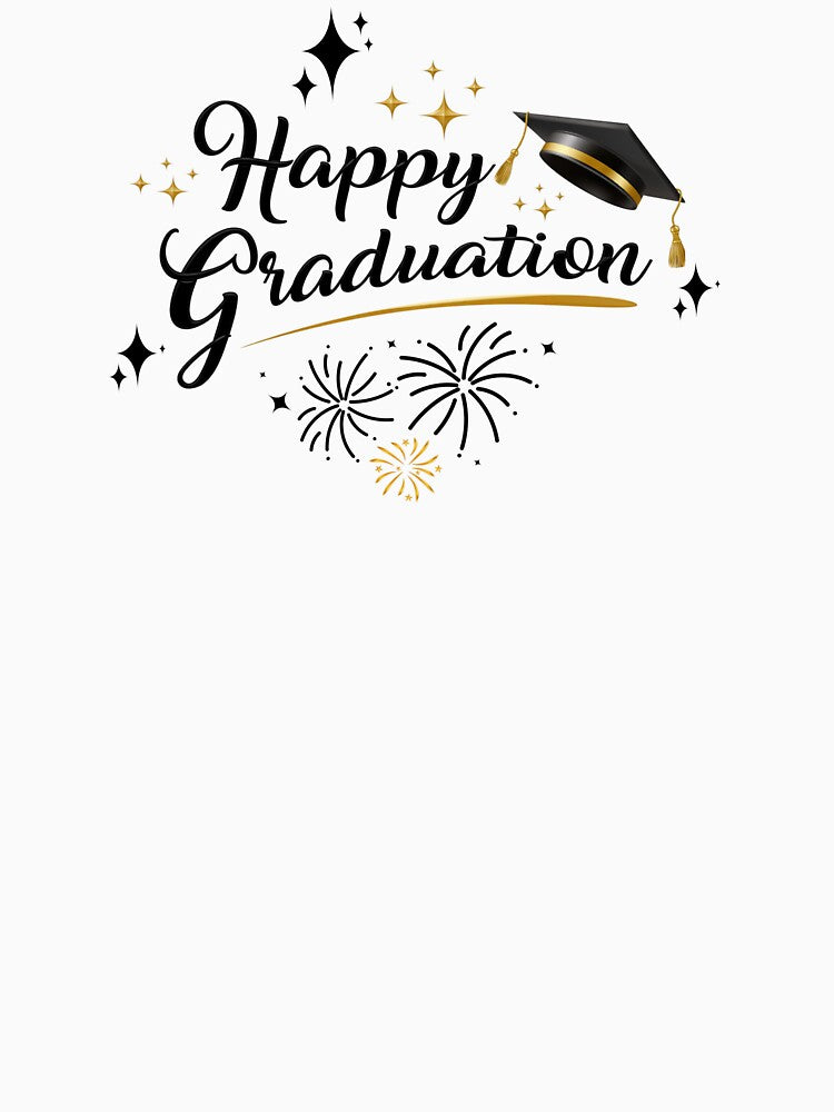 Happy Graduation with Black Graduation Hat, Stars & Fireworks by JeweledDesigns