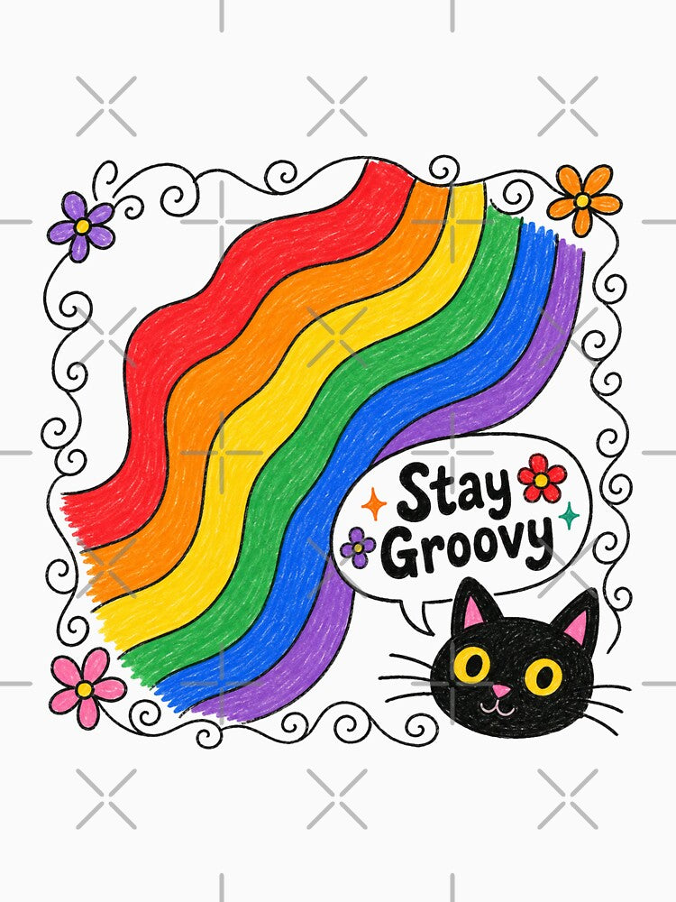 Stay Groovy Retro Rainbow Black Cat – Vintage 70s Cute Cat Aesthetic Design by Sandy's Cheeky Studio