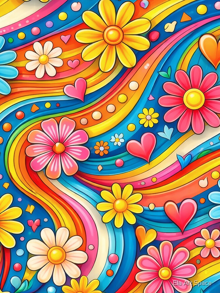70s Hippie Flower Power Groovy Hearts Pattern by Ela Art Space