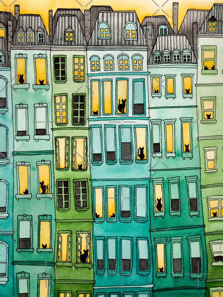 Cats in Green Townhouses by KilkennyCat Art