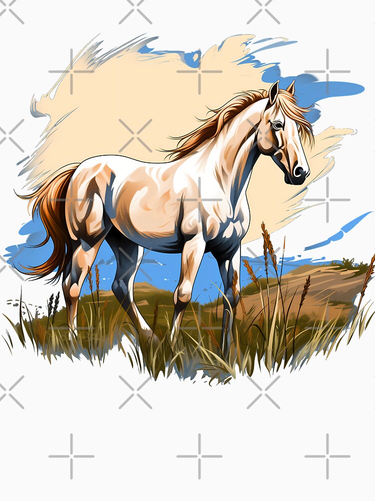 Beautiful white arabian horse grazing on a country meadow illustration by NBSStore