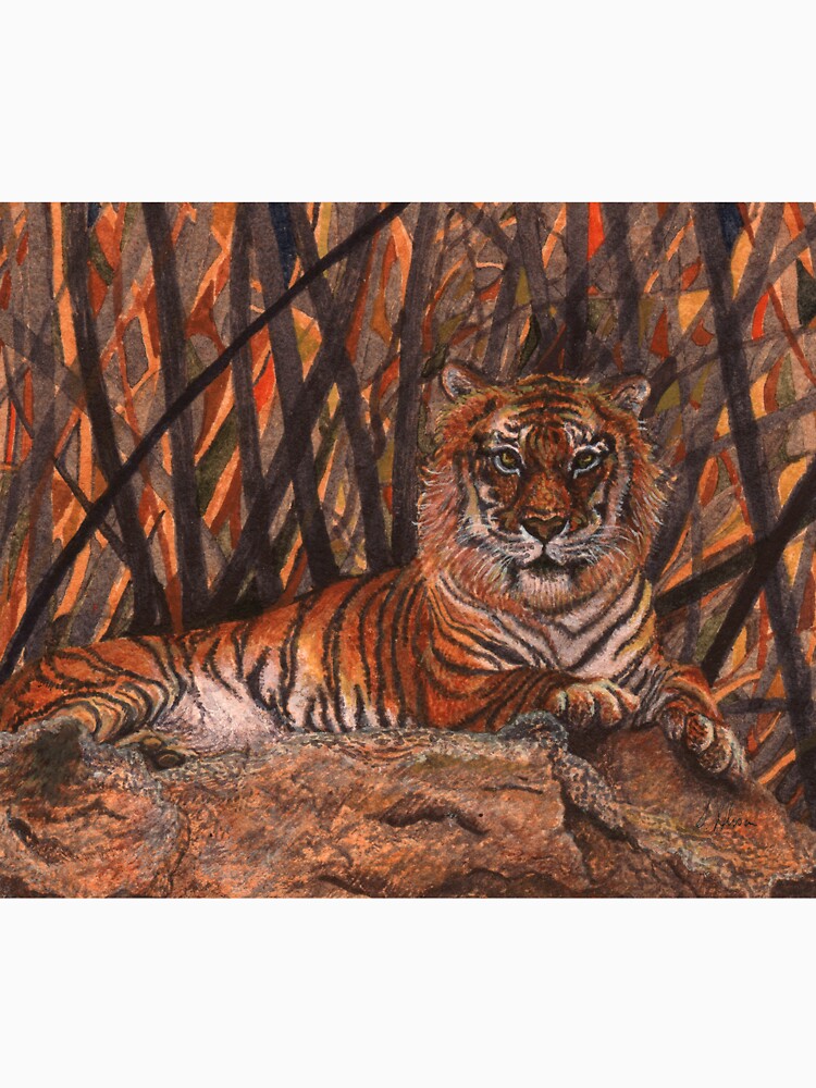 Tiger on a rock, against desert coloured grasses background by SusanAlisonArt
