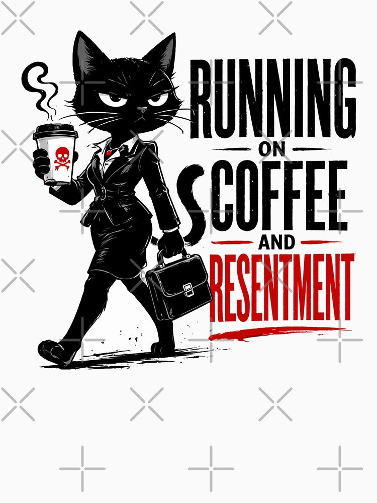 Black Cat Running on Coffee and Resentment Funny Work Gift by Gentlestate