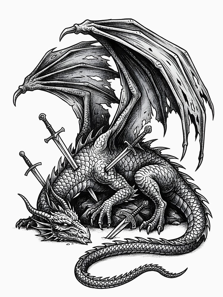The Last Fallen Dragon – Dark Fantasy Wounded Dragon Gothic Illustration by DragonSerpent Ink