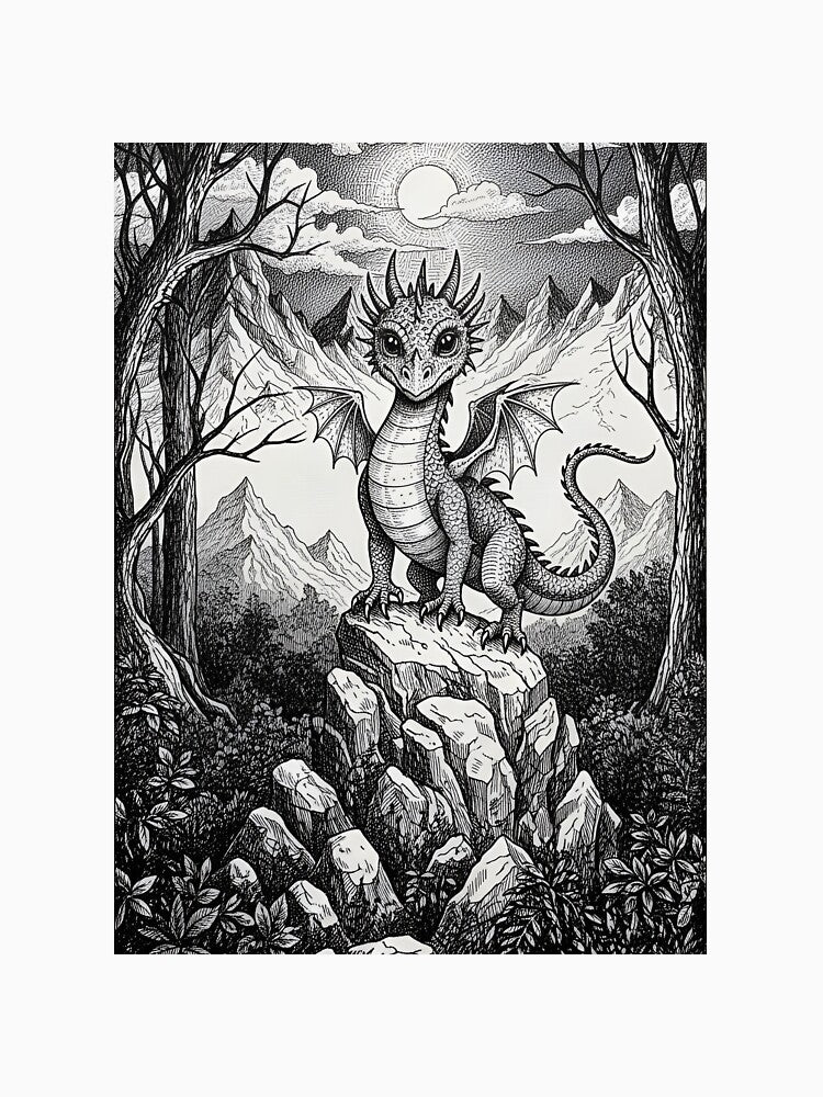 Cute Baby Dragon Standing on Rock Fantasy Creature Mountain Scene by DragonSerpent Ink