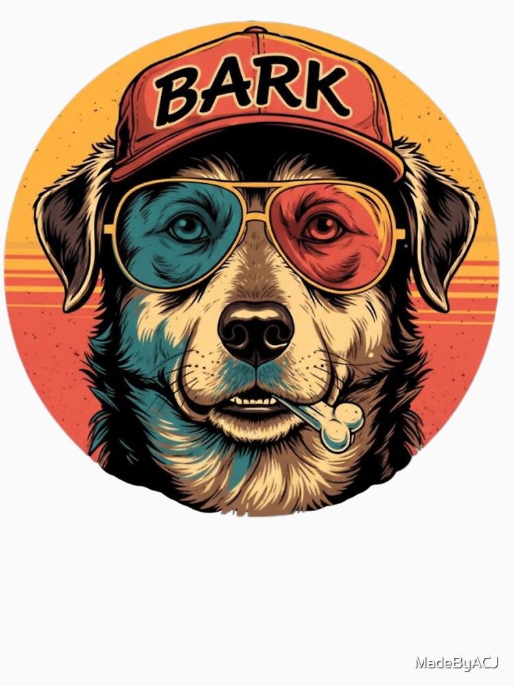 Retro Dog Lover Design – ‘BARK’ Cool Dog with Vintage Cap & Sunglasses – Funny Pet Gift Illustration by MadeByACJ