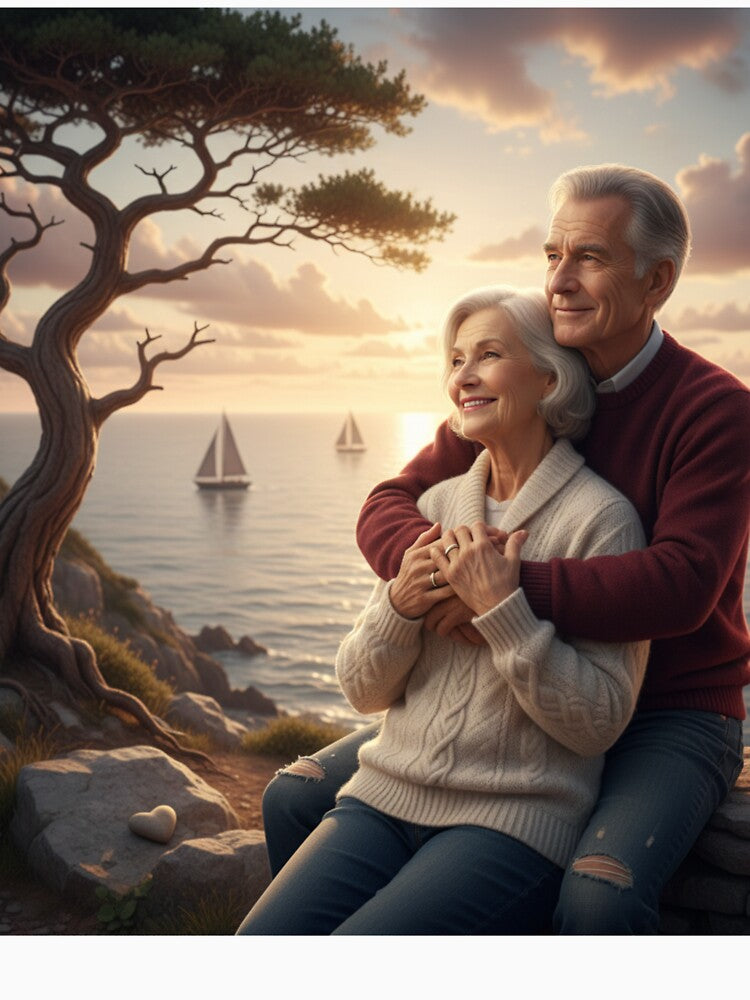 Timeless Love at Sunset – Romantic Elderly Couple by the Sea | Forever Together Art by VibeVauilt