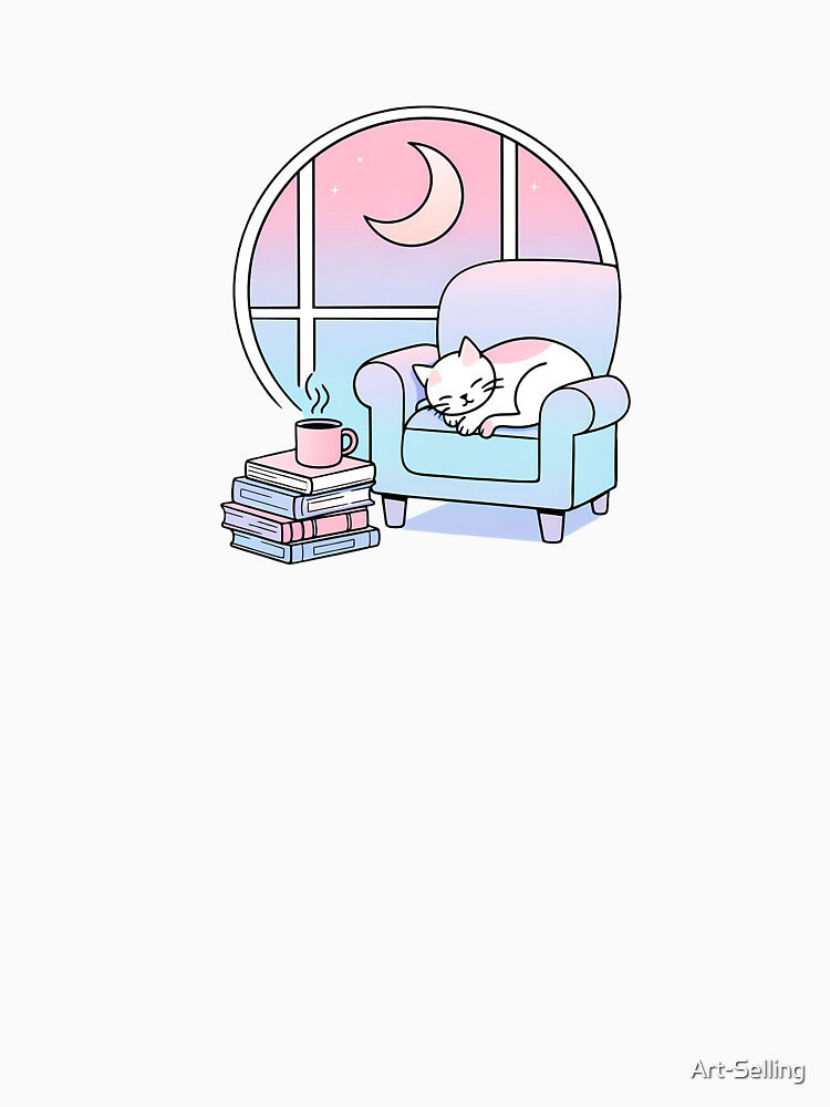 Cozy Reading Nook - Sleeping Cat and Vintage Books Aesthetic by Art-Selling