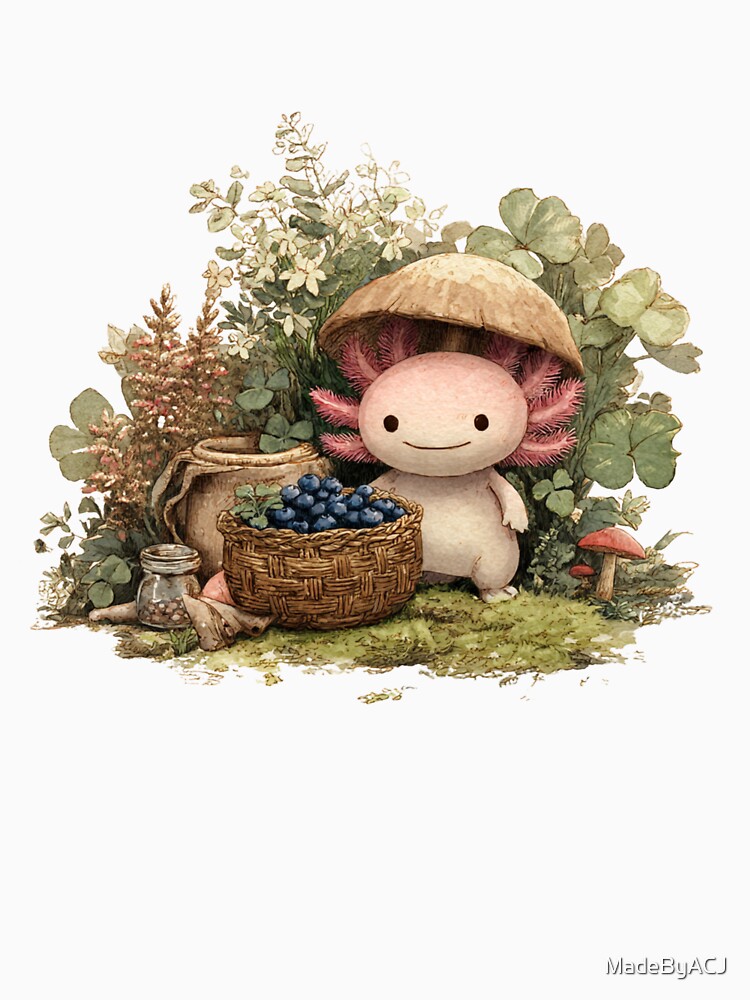 Whimsical Axolotl in Mushroom Hat – Cottagecore Blueberry Gathering Creature – Kawaii Nature Art by MadeByACJ