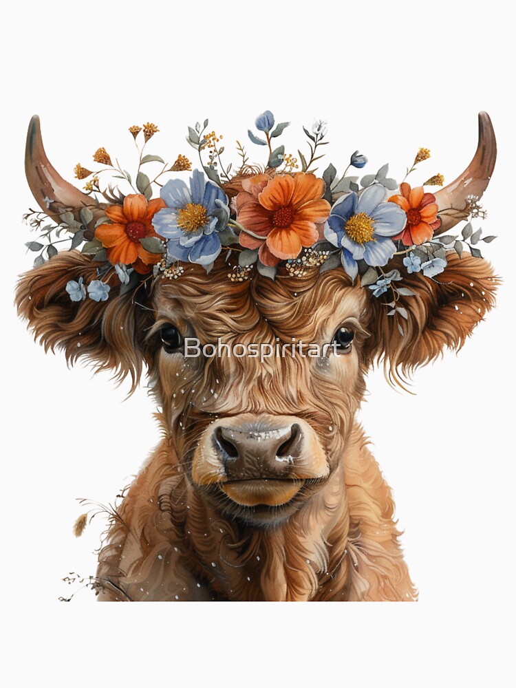 "Adorable Highland Baby Cow with Floral Crown: Charming Animal Art" by Bohospiritart