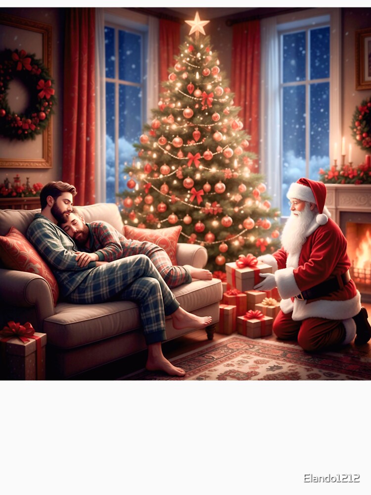Charming, family-friendly portrayal of a cuddling couple asleep on a couch while Santa places a present beside the decorated tree. by Elando1212