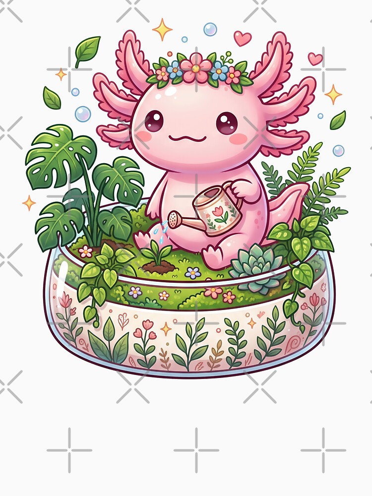 Kawaii Axolotl Gardener in a Plant Terrarium by CurioStick