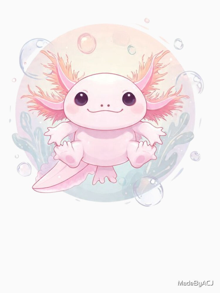 Cute Pastel Pink Axolotl – Kawaii Watercolor Amphibian Art – Adorable Smiling Axolotl Design by MadeByACJ