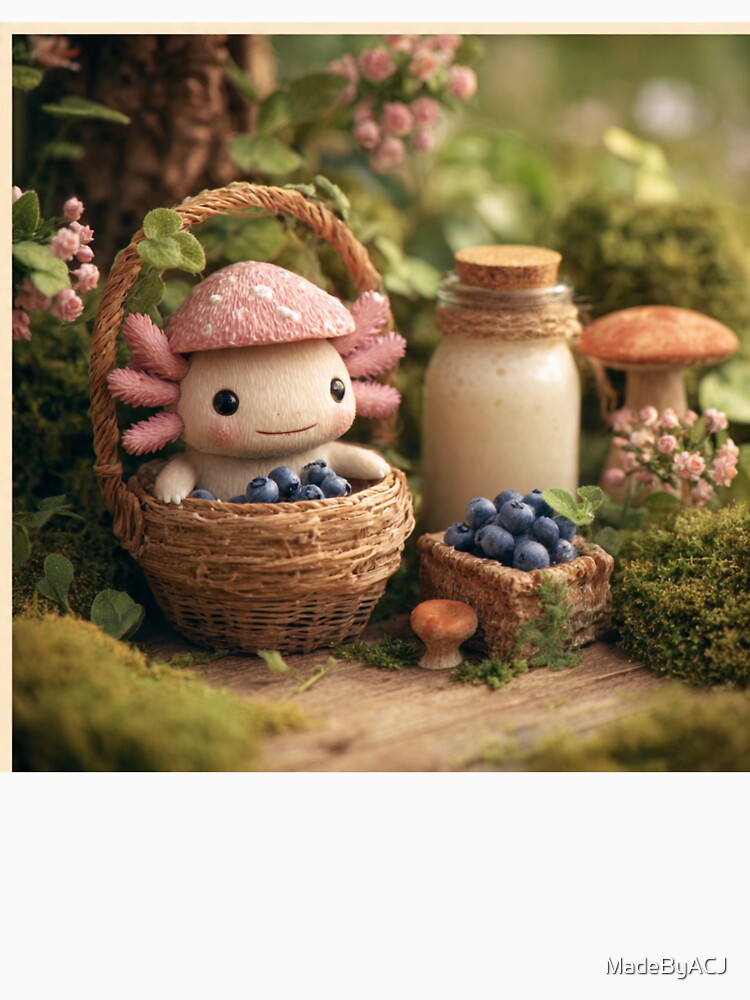 Kawaii Mushroom Axolotl – Cottagecore Blueberry Forest Creature – Cute Cozy Amphibian Art by MadeByACJ