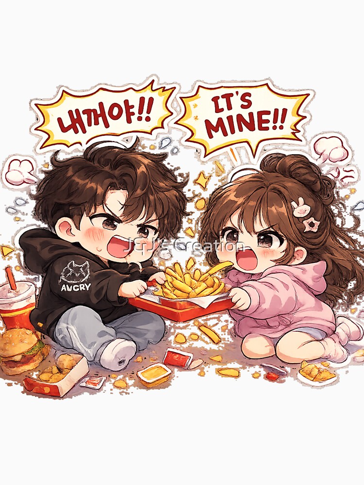 Funny Chibi Couple Fighting Over the Last French Fry | Cute Kawaii Food Lover Sticker by J&J's Creation