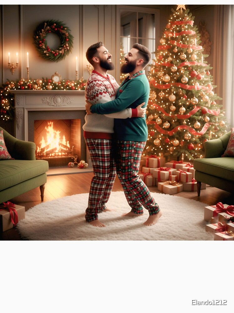 Romantic holiday scene: bearded couple holding each other near the hearth and a lit pine tree. by Elando1212
