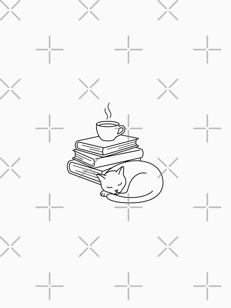 Minimalist Bookworm Cat and Coffee Line Art by pattman