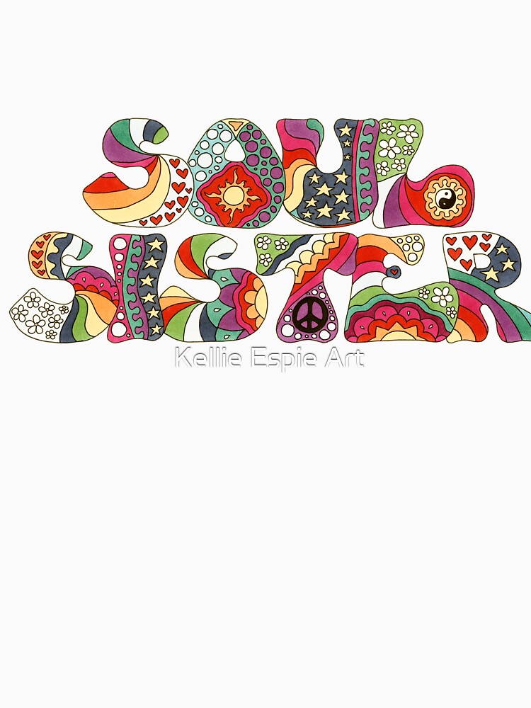 Vintage Psychedelic Soul Sister Art White– Retro Hippie Rainbow Groovy Peace Design by Kellie Espie Art
