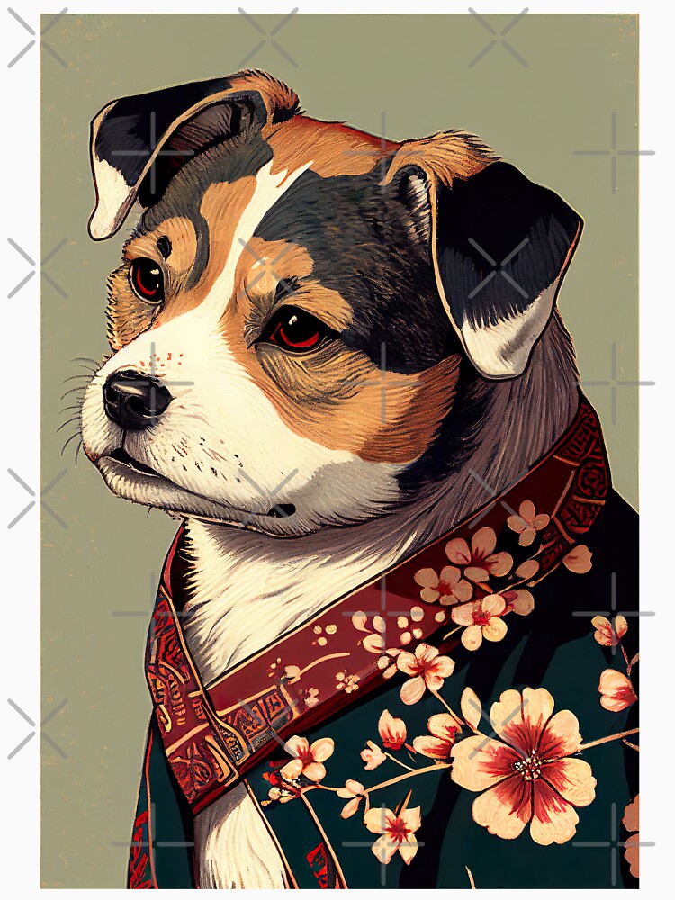 Brown and White dog with green robe - Japanese style by KoolArtDistrict
