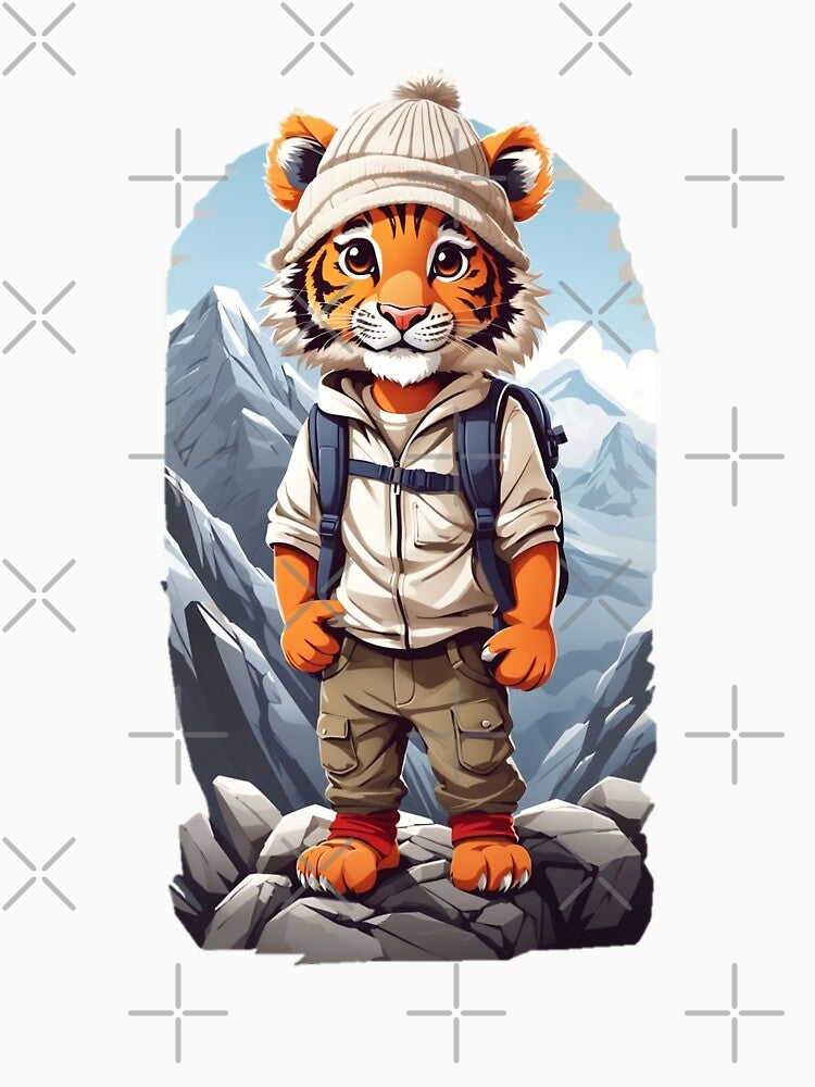 Young smiling tiger cub adventurer hiking in the mountains cartoon comic art for kids by CedricNorbinho