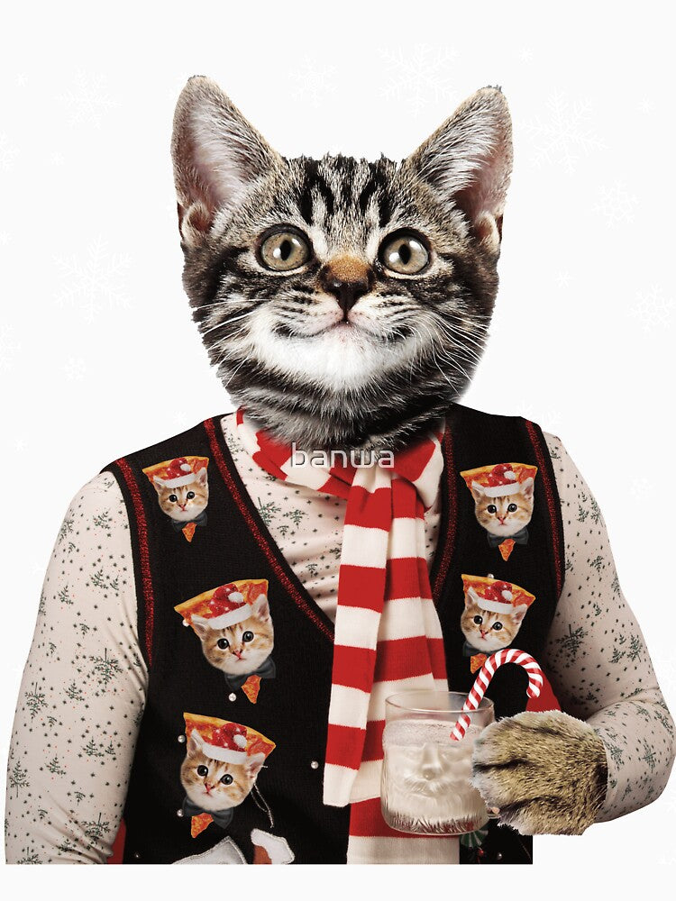 Hipster Cat Wearing Ugly Christmas Sweater With Pizza Cats On It by banwa