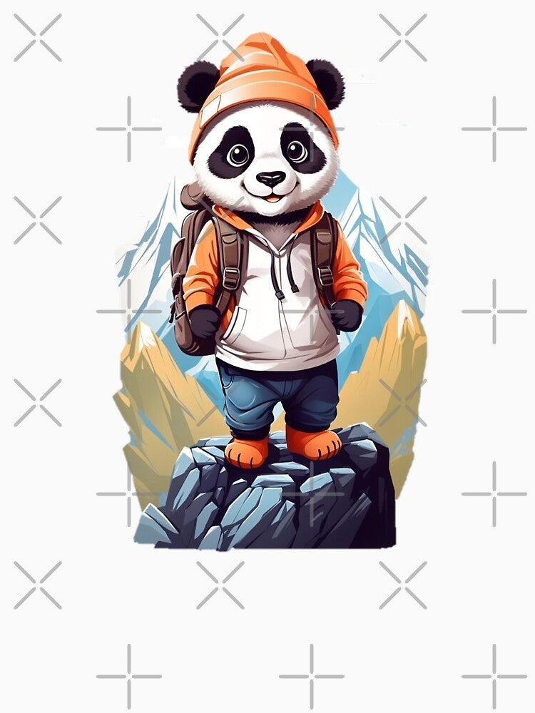 Sweet smiling young panda cub hiking in the mountains cartoon comic graphic for kids by CedricNorbinho