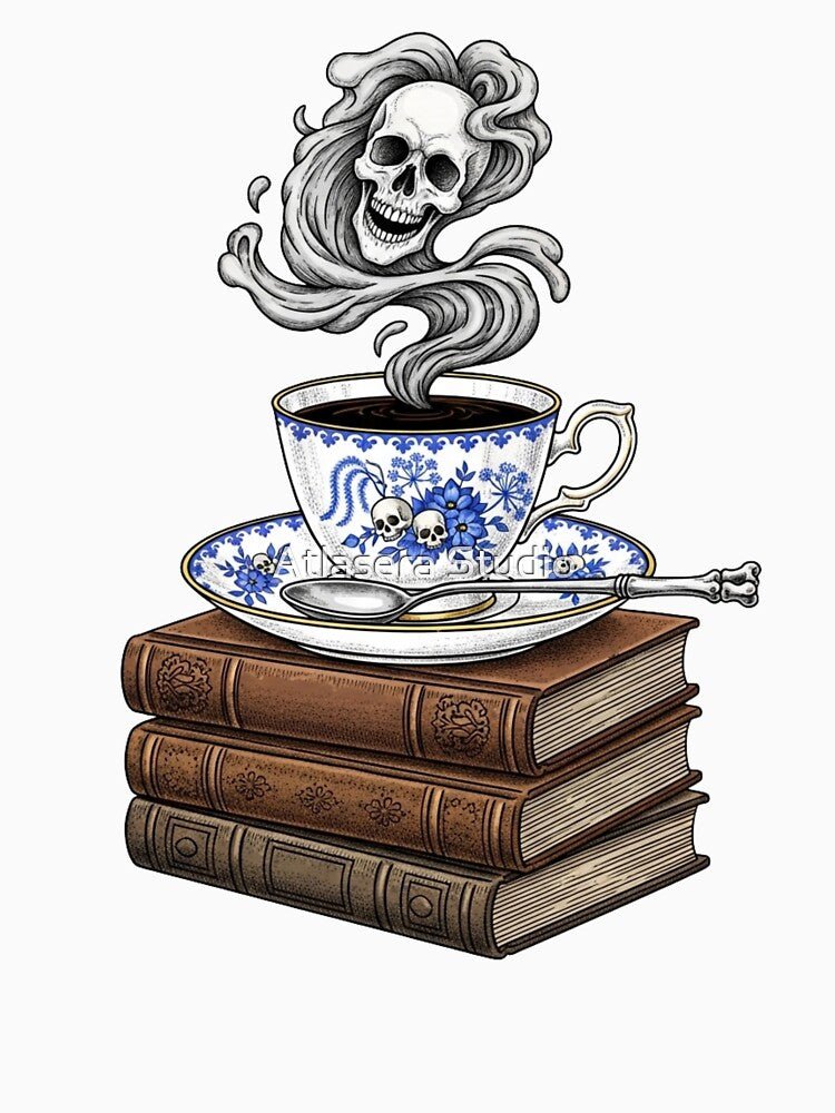 Skull Teacup and Books - Dark Academia Gothic T-Shirt by Atlasera Studio