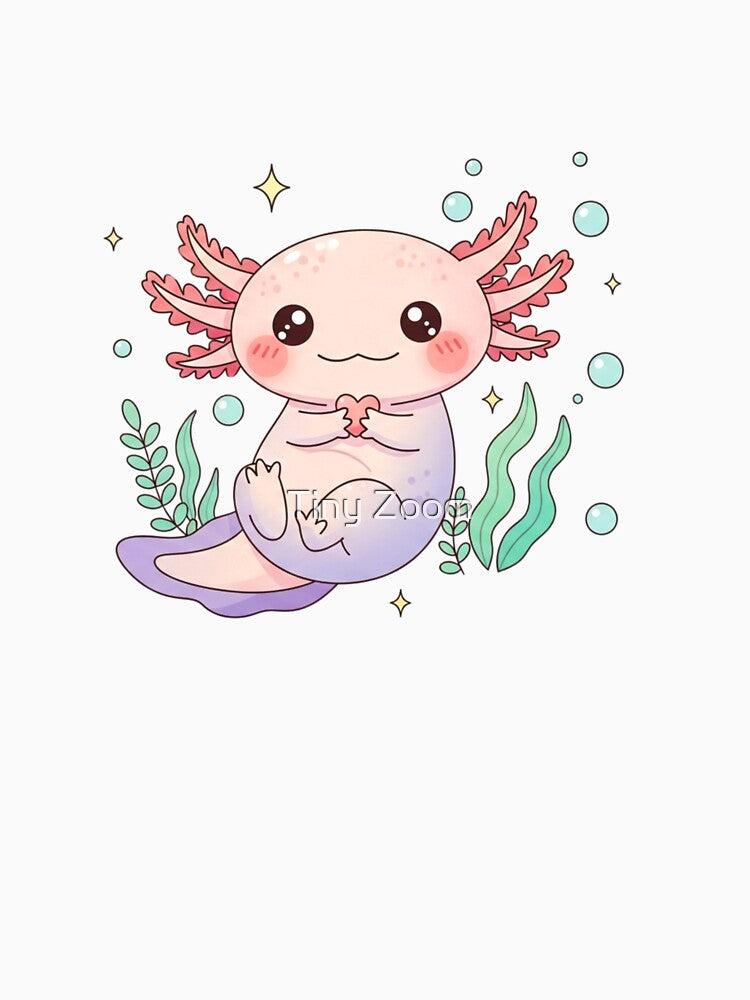 Cute Kawaii Pastel Axolotl With Heart, Sparkles, Bubbles & Aquatic Plants by Tiny Zoom