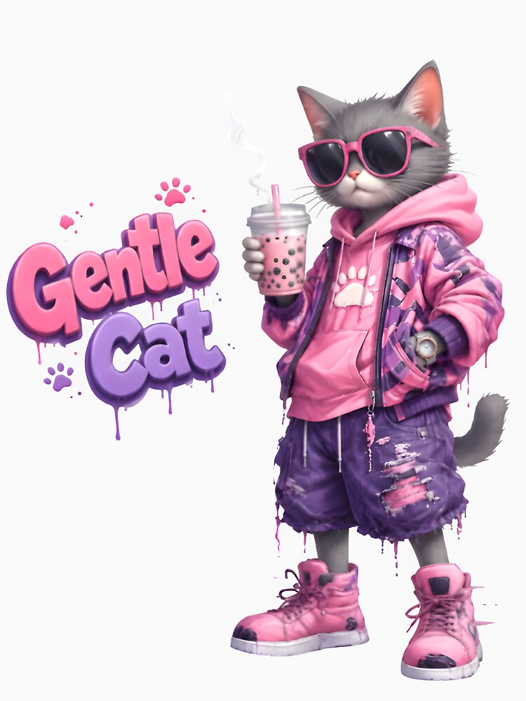 Gentle Cat Pink Purple Streetwear Cartoon | Cute Urban Cat Drinking Bubble Tea | Kawaii Graffiti Style Illustration by Gentle Cat Store