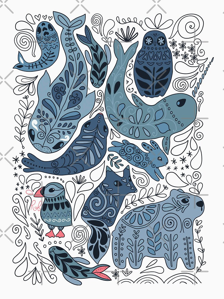 Arctic animals. Narwhal, polar bear, whale, puffin, owl, fox, bunny, seal. by kostolom3000