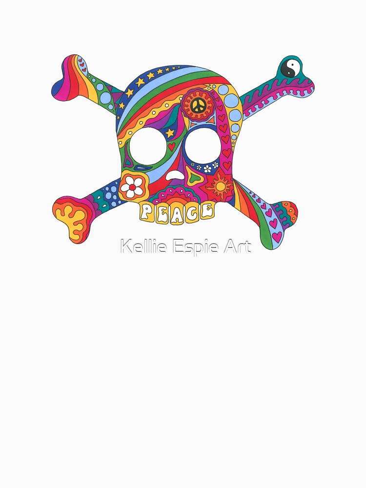 Psychedelic Skull Art Blue– Retro Hippie Rainbow Groovy Peace Design by Kellie Espie Art