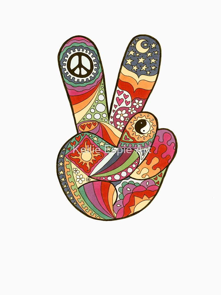 Vintage Psychedelic Peace Out Art White– Retro Hippie Rainbow Groovy Peace Design by Kellie Espie Art