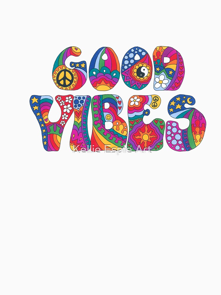Psychedelic Good Vibes Art White– Retro Hippie Rainbow Groovy Peace Design by Kellie Espie Art
