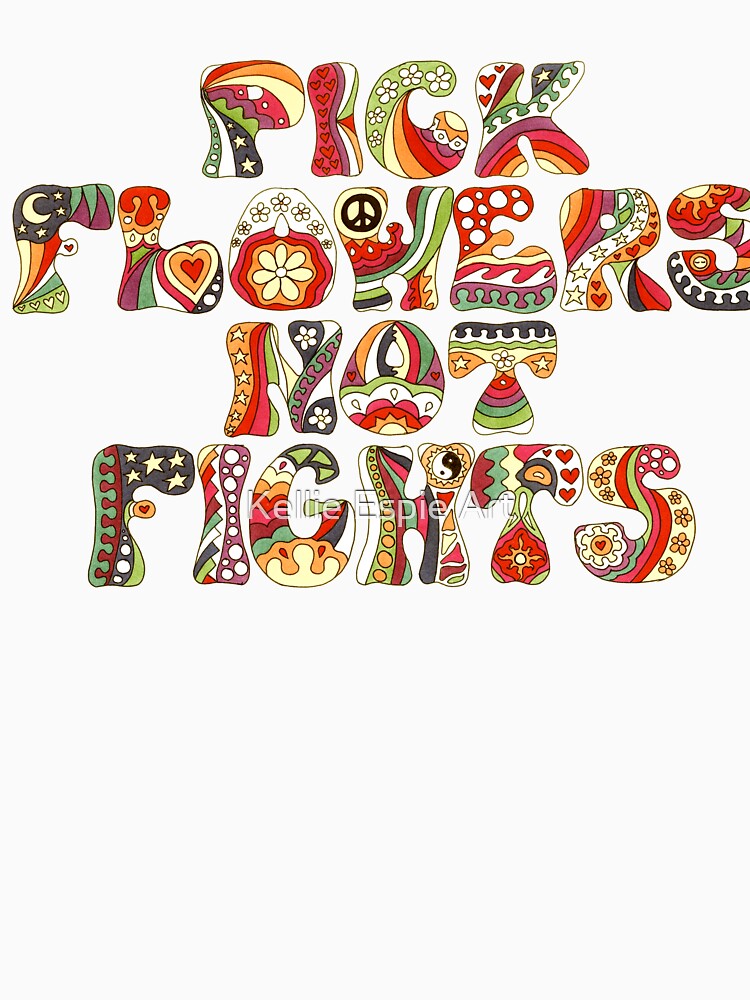 Vintage Psychedelic Pick Flowers Art White– Retro Hippie Rainbow Groovy Peace Design by Kellie Espie Art