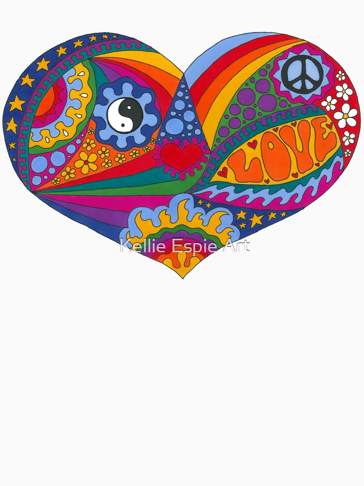 Psychedelic Heart Art Orange– Retro Hippie Rainbow Groovy Peace Design by Kellie Espie Art
