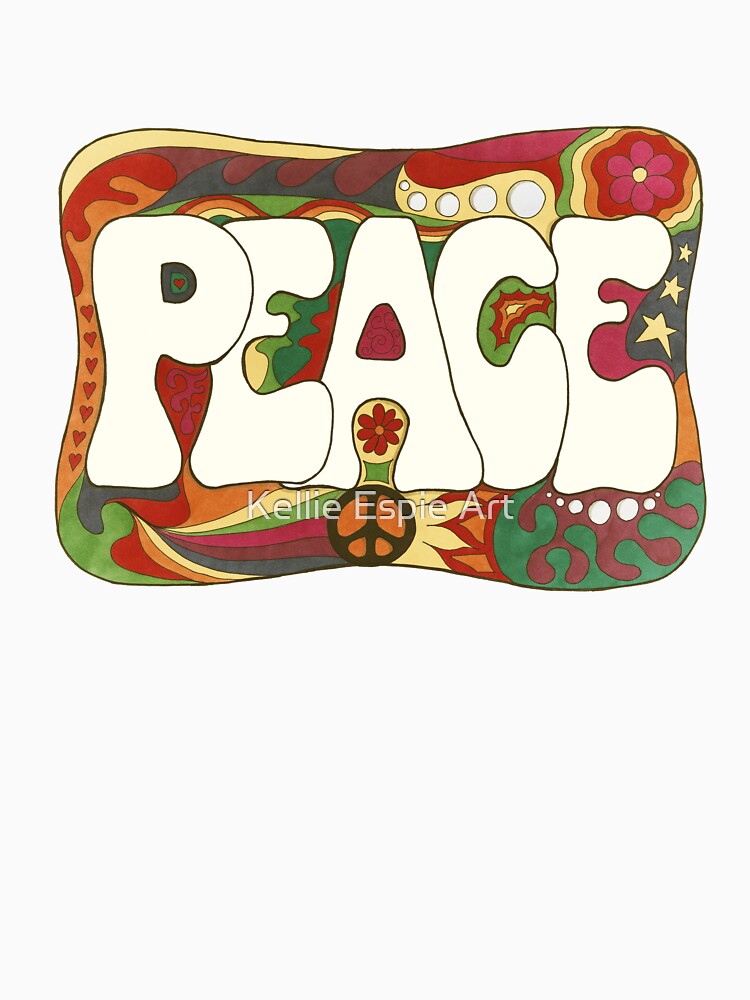 Vintage Psychedelic Peace and Love Art White– Retro Hippie Rainbow Groovy Peace Design by Kellie Espie Art