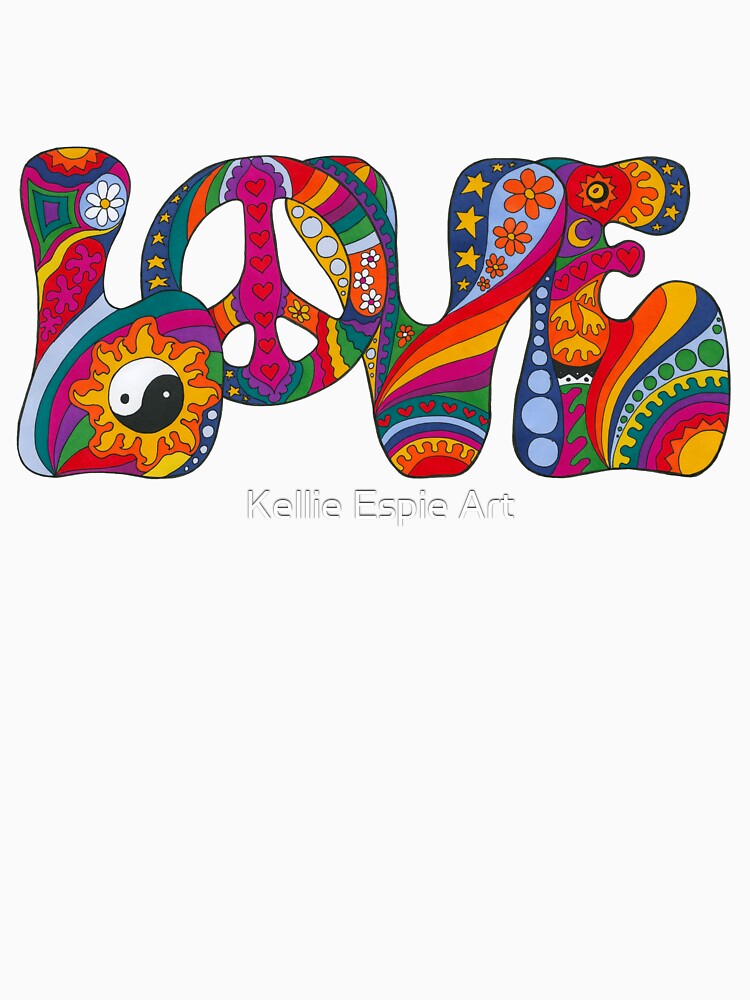 Psychedelic Love Art Blue– Retro Hippie Rainbow Groovy Peace Design by Kellie Espie Art