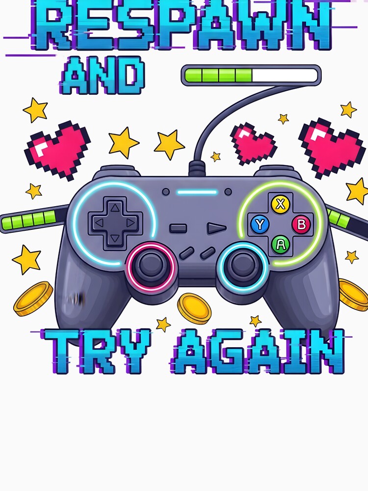 Respawn And Try Again - Retro Gaming Controller Pixel Art Motivational Design by AnnDesignStudio