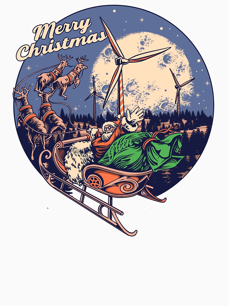 Merry Christmas Santa Sleigh Wind Turbine Retro Vintage Christmas Vector by phsycartwork