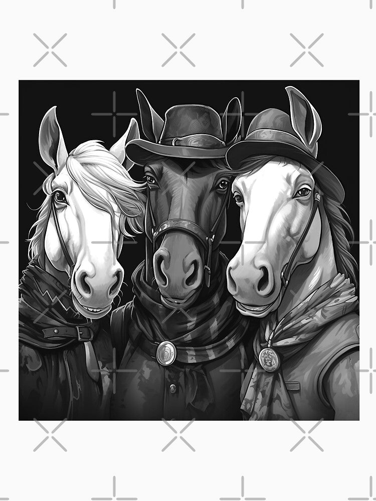 Western Horse Trio Black and White Cartoon Portrait by inkoutninja