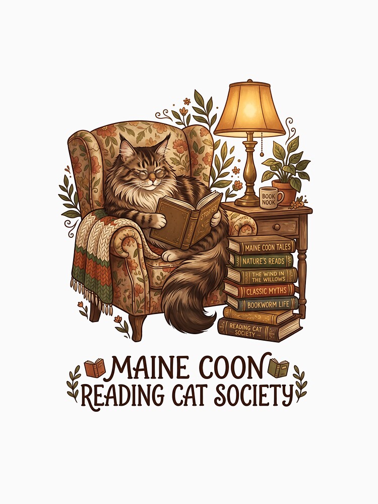 Maine Coon Reading Cat Society Bookworm by PictoVibe