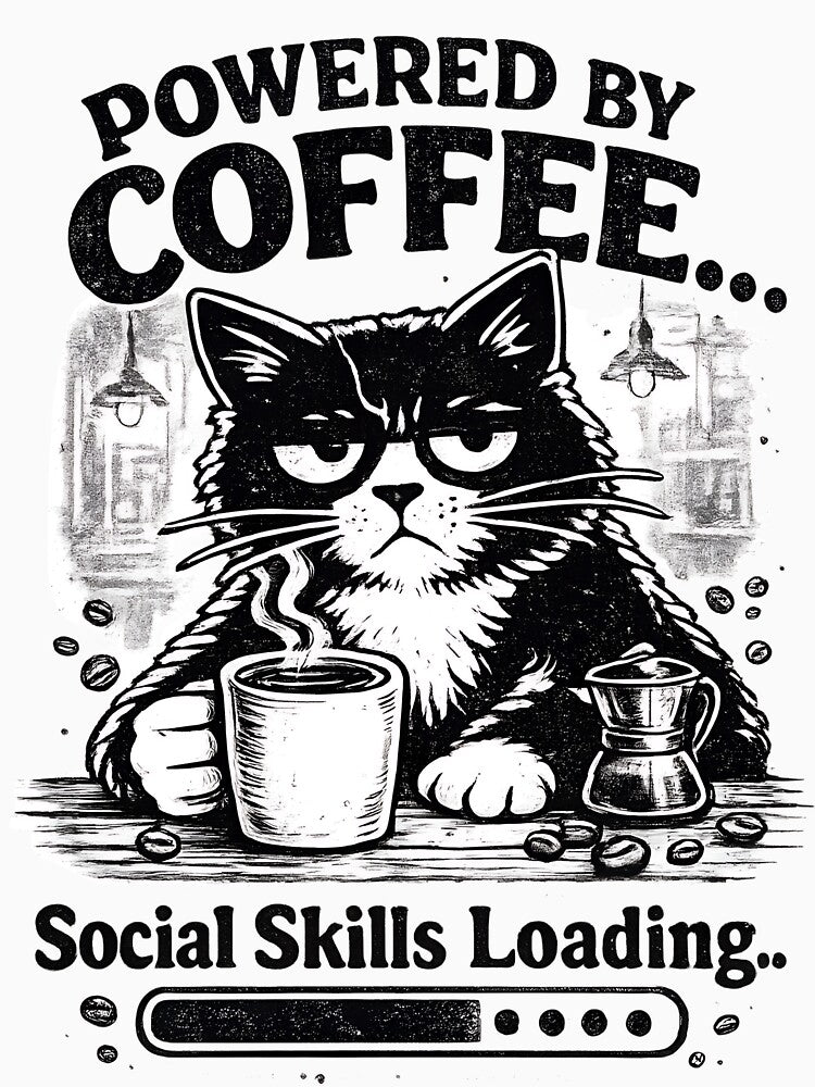 Powered By Coffee Social Skills Loading Funny Cat T-Shirt | Grumpy Coffee Lover Design by Rx Graphic Studio